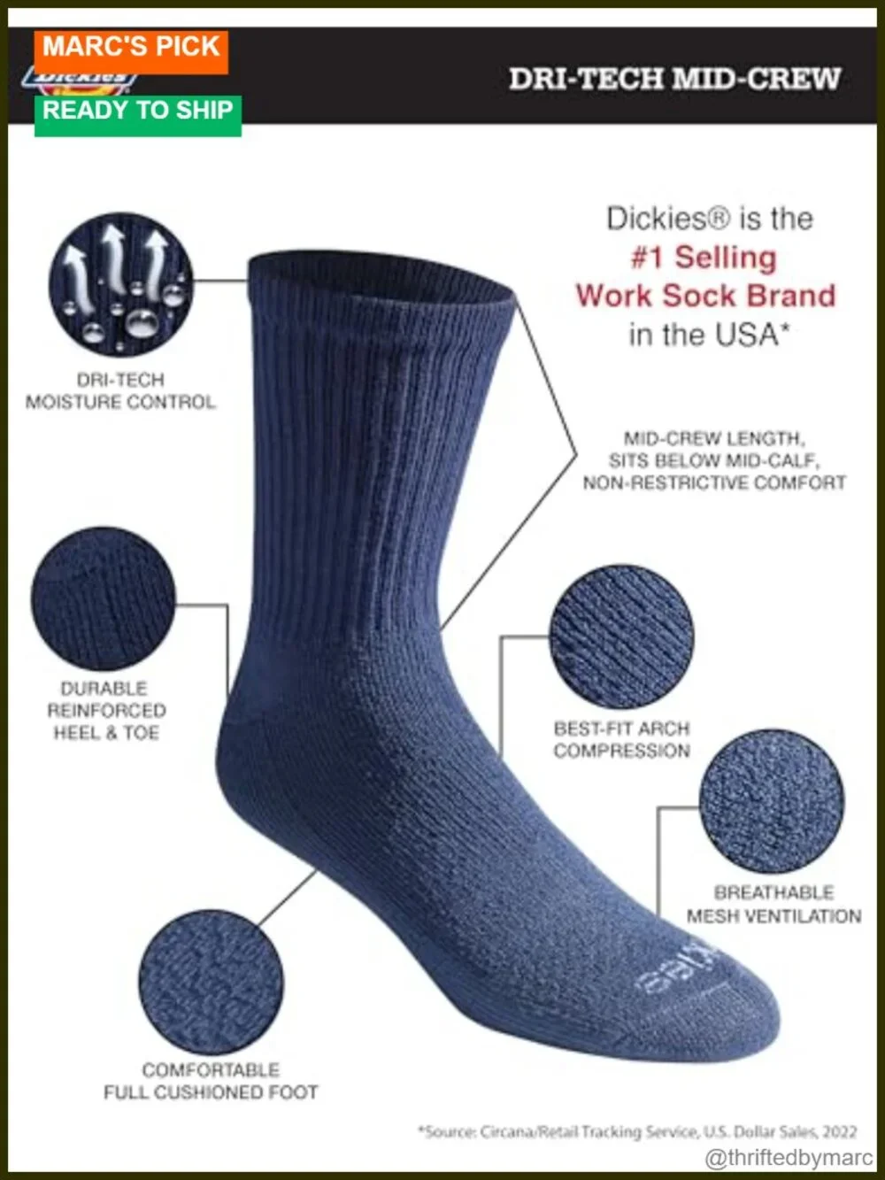 6 Pack Men's Mid-Crew Moisture Control Socks Arch Support Calf Athletic Socks